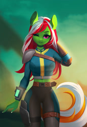 Size: 1535x2235 | Tagged: safe, artist:frieder1, oc, oc only, oc:wandering sunrise, species:anthro, species:pony, fallout equestria, :3, adorasexy, anthro oc, armor, belt, clothing, cute, elbow pads, eyelashes, fallout, fallout equestria: dead tree, female, green, mare, midriff, one eye closed, pauldron, pipbuck, sexy, short shirt, stable-tec, thigh gap, vault suit, wandering sunrise, wink, ych result