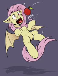 Size: 800x1050 | Tagged: safe, artist:lostdreamm, character:flutterbat, character:fluttershy, species:bat pony, apple, bat ponified, catching, eeee, female, food, open mouth, race swap, red eyes, solo