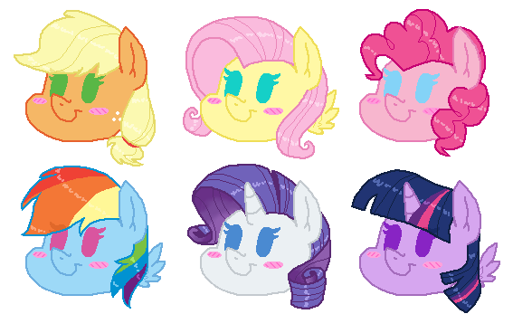 Size: 567x368 | Tagged: safe, artist:ghostlymarie, character:applejack, character:fluttershy, character:pinkie pie, character:rainbow dash, character:rarity, character:twilight sparkle, character:twilight sparkle (alicorn), species:alicorn, species:pony, animated, beady eyes, blush sticker, blushing, bust, chibi, eyes closed, female, gif, head only, mane six, one eye closed, open mouth, portrait, simple background, smiling, transparent background, wink
