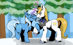 Size: 2560x1600 | Tagged: safe, artist:lordofthefeathers, character:prince blueblood, character:trixie, species:pony, species:unicorn, ship:bluetrix, boop, christmas, female, holiday, male, mare, mistletoe, noseboop, shipping, stallion, straight, unshorn fetlocks