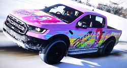 Size: 1904x1026 | Tagged: safe, artist:pabrony83, character:pinkie pie, my little pony:equestria girls, cutie mark, ford, ford ranger, ford ranger raptor, forza horizon 4, game screencap, mountain, snow, truck, video game