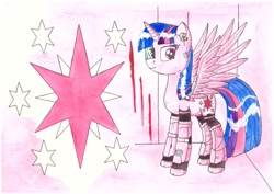Size: 1063x752 | Tagged: safe, artist:zocidem, character:twilight sparkle, character:twilight sparkle (alicorn), species:alicorn, species:pony, augmentation, crossover, cyborg, deus ex, drawing, presenting, simple background, technology, traditional art