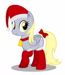 Size: 3561x4096 | Tagged: safe, artist:blue-vector, character:derpy hooves, species:pegasus, species:pony, bell, bell collar, bow, christmas, clothing, collar, cute, derpabetes, female, hat, holiday, mare, ribbon, santa hat, simple background, solo, stockings, tail bow, thigh highs, white background