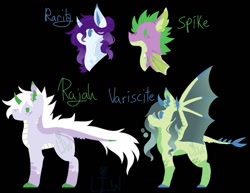 Size: 1017x786 | Tagged: safe, artist:lepiswerid, character:rarity, character:spike, oc, oc:rajah, oc:variscite, parent:rarity, parent:spike, parents:sparity, species:dracony, marsverse, ship:sparity, black background, female, hybrid, interspecies offspring, male, offspring, shipping, simple background, straight