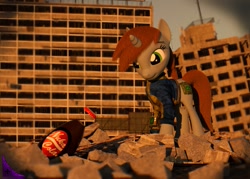 Size: 1007x720 | Tagged: safe, artist:kiodima, oc, oc only, oc:littlepip, species:pony, species:unicorn, fallout equestria, 3d, cinema 4d, clothing, fanfic, fanfic art, female, hooves, horn, mare, nuka cola, pipbuck, ruins, solo, vault suit