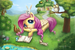 Size: 1024x683 | Tagged: safe, artist:stasushka, character:angel bunny, character:fluttershy, character:owlowiscious, species:bird, species:deer, species:owl, species:pegasus, species:pony, angelbetes, book, chipmunk, cute, female, flower, fluttershy's cottage, folded wings, lily pad, looking up, mare, open mouth, outdoors, pond, prone, scenery, shyabetes, sitting on head, smiling, squirrel, tree, wings