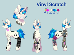 Size: 2732x2048 | Tagged: safe, artist:blacksky1113, character:dj pon-3, character:vinyl scratch, species:pony, species:unicorn, icey-verse, g4, alternate hairstyle, blue background, commission, ear piercing, earring, eyebrow piercing, female, horn, horn ring, implied lesbian, implied octavia, implied scratchtavia, implied shipping, jewelry, mare, piercing, reference sheet, ring, simple background, solo, tattoo, wedding ring