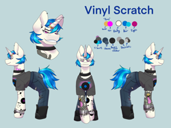 Size: 2732x2048 | Tagged: safe, alternate version, artist:blacksky1113, character:dj pon-3, character:vinyl scratch, species:pony, species:unicorn, icey-verse, g4, alternate hairstyle, blue background, boots, bracelet, choker, clothing, commission, ear piercing, earring, eyebrow piercing, female, horn, horn ring, implied lesbian, implied octavia, implied scratchtavia, implied shipping, jeans, jewelry, mare, pants, piercing, reference sheet, ring, shirt, shoes, simple background, solo, t-shirt, tattoo, torn clothes, wedding ring, wristband