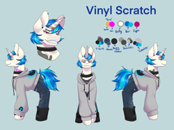 Size: 2732x2048 | Tagged: safe, alternate version, artist:blacksky1113, character:dj pon-3, character:vinyl scratch, species:pony, species:unicorn, icey-verse, g4, alternate hairstyle, blue background, boots, bracelet, choker, clothing, commission, ear piercing, earring, eyebrow piercing, female, hoodie, horn, horn ring, implied lesbian, implied octavia, implied scratchtavia, implied shipping, jeans, jewelry, mare, pants, piercing, reference sheet, ring, shirt, shoes, simple background, solo, t-shirt, tattoo, torn clothes, wedding ring, wristband