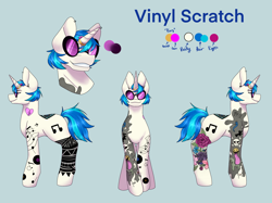 Size: 2732x2048 | Tagged: safe, alternate version, artist:blacksky1113, character:dj pon-3, character:vinyl scratch, species:pony, species:unicorn, icey-verse, g4, alternate hairstyle, blue background, commission, ear piercing, earring, eyebrow piercing, female, glasses, horn, horn ring, implied lesbian, implied octavia, implied scratchtavia, implied shipping, jewelry, mare, piercing, reference sheet, ring, simple background, solo, tattoo, vinyl's glasses, wedding ring