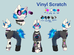 Size: 2732x2048 | Tagged: safe, alternate version, artist:blacksky1113, character:dj pon-3, character:vinyl scratch, species:pony, species:unicorn, icey-verse, g4, alternate hairstyle, blue background, boots, bracelet, choker, clothing, commission, ear piercing, earring, eyebrow piercing, female, glasses, horn, horn ring, implied lesbian, implied octavia, implied scratchtavia, implied shipping, jeans, jewelry, mare, pants, piercing, reference sheet, ring, shirt, shoes, simple background, solo, t-shirt, tattoo, torn clothes, vinyl's glasses, wedding ring, wristband