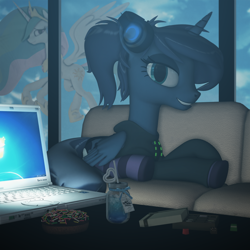 Size: 2000x2000 | Tagged: safe, artist:feuerrader-nmm, character:princess celestia, character:princess luna, species:alicorn, species:pony, gamer luna, 3d, alternate hairstyle, candy, clothing, computer, donut, female, food, headphones, hoodie, laptop computer, looking at you, mare, ponytail, prone, socks, solo focus, striped socks