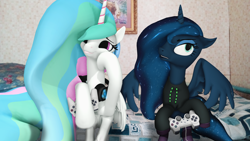 Size: 1920x1080 | Tagged: safe, artist:feuerrader-nmm, character:princess celestia, character:princess luna, species:pony, gamer luna, 3d, clothing, controller, hoodie, joystick, no catchlights, playstation 2, unamused