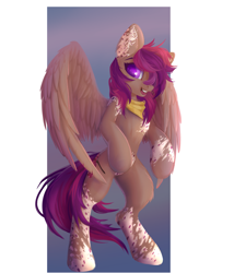 Size: 2383x2782 | Tagged: safe, artist:rokufuro, oc, oc only, oc:asteroid trail, species:pegasus, species:pony, bandana, bipedal, female, looking at you, mare, smiling, solo, spread wings, standing, wings, ych result