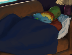 Size: 1296x1000 | Tagged: safe, alternate version, artist:redruin01, character:rainbow dash, oc, oc:anon, species:human, species:pegasus, species:pony, /mlp/, comfy, couch, painting, under blanket