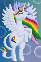 Size: 1728x2592 | Tagged: safe, artist:techarmsbu, oc, oc only, oc:aeon of dreams, oc:euphoria, oc:lightning bliss, species:alicorn, species:pony, abstract background, alicorn oc, colored hooves, eyes closed, female, fusion, fusion:euphoria, goggles, leonine tail, mare, multicolored hair, rainbow alicorn, rainbow hair, rearing, solo, spread wings, wings
