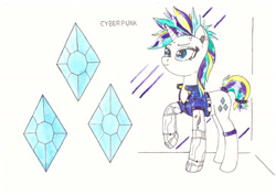 Size: 1280x906 | Tagged: safe, artist:zocidem, character:rarity, species:pony, species:unicorn, alternate hairstyle, augmented, biohacking, clothing, crossover, cyberpunk, cyborg, deus ex, drawing, female, punk, punkity, solo, technology, traditional art