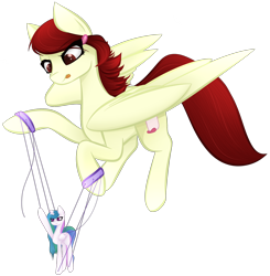 Size: 2494x2541 | Tagged: safe, artist:those kids in the corner, character:princess celestia, oc, oc only, oc:dried petals, species:pegasus, species:pony, 2020 community collab, derpibooru community collaboration, concentrating, female, flying, marionette, simple background, solo, strings, tongue out, transparent background, wings