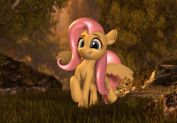 Size: 2684x1869 | Tagged: safe, artist:certedia, character:fluttershy, species:pegasus, species:pony, 3d, blender, blender eevee, bush, cute, explicit source, female, grass, hair, model:djthed, poster, rock, shyabetes, smiling, solo, tree, wings