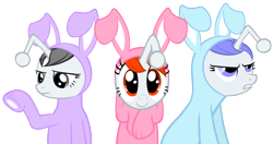 Size: 5000x2635 | Tagged: safe, artist:fabulouspony, oc, oc only, oc:apathia, oc:discentia, oc:karma, species:pony, species:unicorn, animal costume, annoyed, bunny costume, clothing, costume, easter, female, happy, holiday, looking at you, mare, reddit, simple background, transparent background, vector