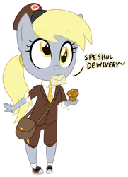 Size: 520x720 | Tagged: safe, artist:deserter, artist:hipster-ponies, artist:ieatbugs, edit, character:derpy hooves, species:anthro, species:plantigrade anthro, bracelet, chibi, clothing, color edit, colored, cute, derp, derpabetes, diabetes, female, flockdraw, flockmod, food, hat, jewelry, mail, mouth hold, muffin, pigeon toed, ponytail, satchel, shorts, simple background, sketch, solo, transparent background, uniform