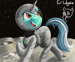 Size: 2400x2000 | Tagged: safe, artist:sigilponies, character:lyra heartstrings, species:pony, species:unicorn, astronaut, female, moon, smiling, solo, space, space suit