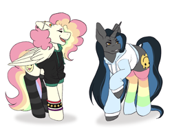 Size: 2732x2048 | Tagged: safe, artist:blacksky1113, oc, oc only, oc:cheery candy, oc:tough cookie (ice1517), species:pegasus, species:pony, species:unicorn, bracelet, cheerycookie, clothes swap, clothing, ear piercing, earring, eyeshadow, female, hoodie, jewelry, lesbian, makeup, mare, multicolored hair, oc x oc, open mouth, piercing, rainbow hair, rainbow socks, raised hoof, shipping, simple background, socks, striped socks, white background, wristband