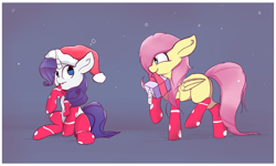 Size: 5000x3000 | Tagged: safe, artist:rainyvisualz, character:fluttershy, character:rarity, species:pegasus, species:pony, species:unicorn, christmas, clothing, duo, female, gift wrapped, hat, holiday, mare, mouth hold, present, santa hat, socks, stockings, thigh highs