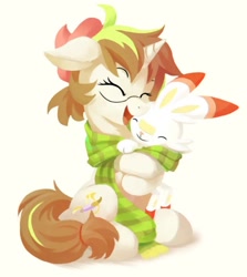 Size: 792x888 | Tagged: safe, artist:draconidsmxz, oc, oc only, species:pony, species:unicorn, clothing, crossover, pokémon, scarf, scorbunny, shared clothing, shared scarf, simple background, solo, white background