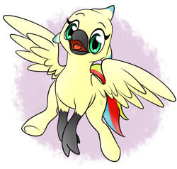 Size: 1184x1129 | Tagged: safe, artist:ethaes, community related, oc, oc only, oc:sulphur nimbus, species:classical hippogriff, species:hippogriff, abstract background, looking at you, rainbow tail, simple background, smiling, spread wings, sulphur nimbus, underhoof, wings