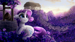 Size: 4098x2304 | Tagged: safe, artist:rysunkowasucharia, character:rarity, species:pony, species:unicorn, bucket, cute, female, flower, high res, mare, purple flowers, raribetes, scenery, solo, sun, sunset, well