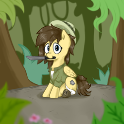 Size: 5000x5000 | Tagged: safe, artist:waffletheheadmare, oc, oc only, oc:retro hearts, species:pegasus, species:pony, boots, brown hair, bush, clothing, cutie mark, female, flower, ground, hat, jungle, katana, leaves, mare, shoes, sitting, smiling, socks, solo, sword, tree, weapon, wings