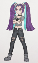 Size: 376x625 | Tagged: safe, artist:metalamethyst, character:aria blaze, my little pony:equestria girls, boots, choker, clothing, crossed arms, goth, metal, nail polish, ripped, ripped pants, ripped shirt, shirt, shoes, simple background, skull, spiked choker, the dazzlings, traditional art, white background