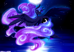 Size: 2411x1708 | Tagged: safe, artist:polkadot-creeper, character:princess luna, species:alicorn, species:pony, ethereal mane, female, galaxy mane, mare, moon, night, sky, solo, spread wings, starry night, stars, wings