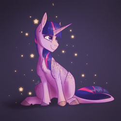Size: 2247x2247 | Tagged: safe, artist:finchina, character:twilight sparkle, character:twilight sparkle (unicorn), species:pony, species:unicorn, black background, chest fluff, coat markings, colored hooves, cute, dappled, ear fluff, female, high res, leg fluff, leonine tail, mare, simple background, sitting, smiling, solo, stars, twiabetes