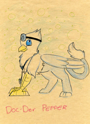 Size: 1234x1698 | Tagged: safe, artist:scruffasus, oc, oc only, oc:der, species:griffon, doctor, pun, solo, stethoscope, traditional art