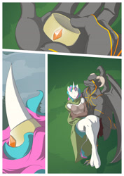 Size: 2480x3508 | Tagged: safe, artist:okata, non-mlp oc, oc, oc:diamond mind, species:anthro, species:gargoyle, species:pony, species:unicorn, comic:the hunt, armor, bridal carry, carrying, cloak, clothing, explicit series, gloves, grimdark series, horn, horn ring, long gloves, magic suppression, multicolored hair, non-pony oc, unconvincing armor