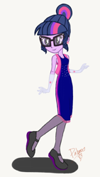Size: 540x960 | Tagged: safe, artist:pabrony83, base used, character:twilight sparkle, character:twilight sparkle (scitwi), species:eqg human, species:human, my little pony:equestria girls, alternate hairstyle, breasts, cleavage, clothing, dress, ear piercing, earring, fanfic art, female, glasses, gloves, jewelry, piercing, smiling, solo