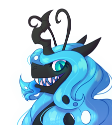 Size: 2786x3094 | Tagged: safe, artist:paradiseskeletons, oc, oc:queen fylifa, species:changeling, antennae, blue changeling, cackling, changeling oc, changeling queen, changeling queen oc, grin, head shot, looking at you, smiling, toothy grin