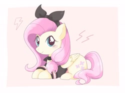 Size: 2048x1520 | Tagged: safe, artist:ginmaruxx, character:fluttershy, species:pegasus, species:pony, abstract background, choker, clothing, cute, female, folded wings, hairband, lightning, looking at you, mare, prone, shyabetes, solo, wings