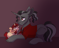 Size: 1960x1574 | Tagged: safe, artist:connorbal, character:king sombra, oc, oc:red velvet, parent:king sombra, parent:svengallop, parents:svenbra, species:pony, species:unicorn, oopsverse, clothing, female, filly, magical gay spawn, offspring, prone, shirt