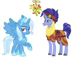 Size: 1592x1272 | Tagged: safe, artist:koolfrood, artist:strawberry-pannycake, character:hoo'far, character:trixie, species:alicorn, species:pony, ship:trixfar, alicornified, christmas, female, holiday, male, mistleholly, race swap, shipping, simple background, straight, trixiecorn, white background