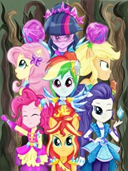 Size: 679x902 | Tagged: safe, artist:samyvillaly, character:applejack, character:fluttershy, character:pinkie pie, character:rainbow dash, character:rarity, character:sunset shimmer, character:twilight sparkle, character:twilight sparkle (scitwi), species:eqg human, equestria girls:legend of everfree, g4, my little pony: equestria girls, my little pony:equestria girls, clothing, crystal guardian, everfree forest, geode of empathy, geode of shielding, geode of super speed, geode of super strength, geode of telekinesis, humane five, humane seven, humane six, magical geodes, ponied up, suit