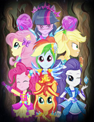 Size: 1884x2443 | Tagged: safe, alternate version, artist:samyvillaly, character:applejack, character:fluttershy, character:pinkie pie, character:rainbow dash, character:rarity, character:sunset shimmer, character:twilight sparkle, character:twilight sparkle (scitwi), species:eqg human, equestria girls:legend of everfree, g4, my little pony: equestria girls, my little pony:equestria girls, clothing, crystal, crystal guardian, everfree forest, female, geode of empathy, geode of shielding, geode of super speed, geode of super strength, geode of telekinesis, guardians of harmony, humane five, humane seven, humane six, irl, magical geodes, photo, ponied up, suit, toy