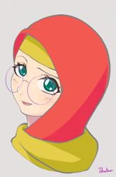 Size: 583x889 | Tagged: safe, artist:tehwatever, derpibooru original, character:desert flower, species:human, anime style, bust, clip studio paint, clothing, digital art, glasses, hijab, humanized, looking at you, scarf, signature, simple background, solo, somnambula resident