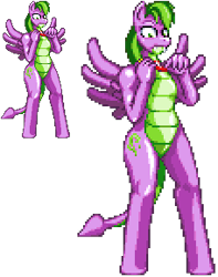 Size: 228x289 | Tagged: safe, artist:casetermk, character:barb, character:spike, species:anthro, species:pegasus, species:pony, species:unguligrade anthro, female, male, pixel art, ponified, rule 63, simple background, species swap, transparent background, wide eyes