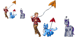 Size: 804x404 | Tagged: safe, artist:casetermk, oc, oc only, oc:moonflower, species:earth pony, species:human, species:pony, annoyed, clothing, earth pony oc, female, kite, male, mare, pixel art, running, simple background, transparent background