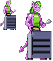 Size: 262x304 | Tagged: safe, artist:casetermk, character:spike, species:anthro, species:dracony, species:dragon, species:pony, species:unguligrade anthro, cooking, eyes closed, frying pan, hybrid, male, pixel art, simple background, smiling, spatula, species swap, transparent background