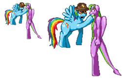 Size: 517x332 | Tagged: safe, artist:casetermk, character:rainbow dash, character:spike, species:anthro, species:dracony, species:dragon, species:pegasus, species:pony, species:unguligrade anthro, anthro with ponies, clothing, female, flying, goggles, hat, hybrid, male, mare, pixel art, simple background, species swap, sunglasses, transparent background, wide eyes