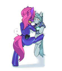 Size: 1263x1428 | Tagged: safe, artist:dodo, oc, oc only, oc:nova dust, oc:radiant prism, species:earth pony, species:pony, species:unicorn, fallout equestria, against wall, clothing, female, how to talk to short people, jumpsuit, kabedon, larger female, latex, latex suit, male, pipbuck, shirt, size difference, smaller male